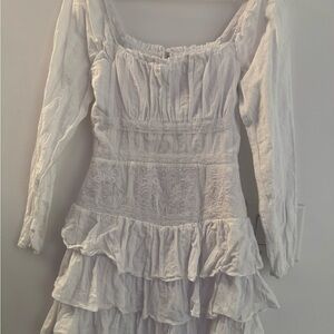 White Ruffled Drop-Waist Long Sleeve Dress